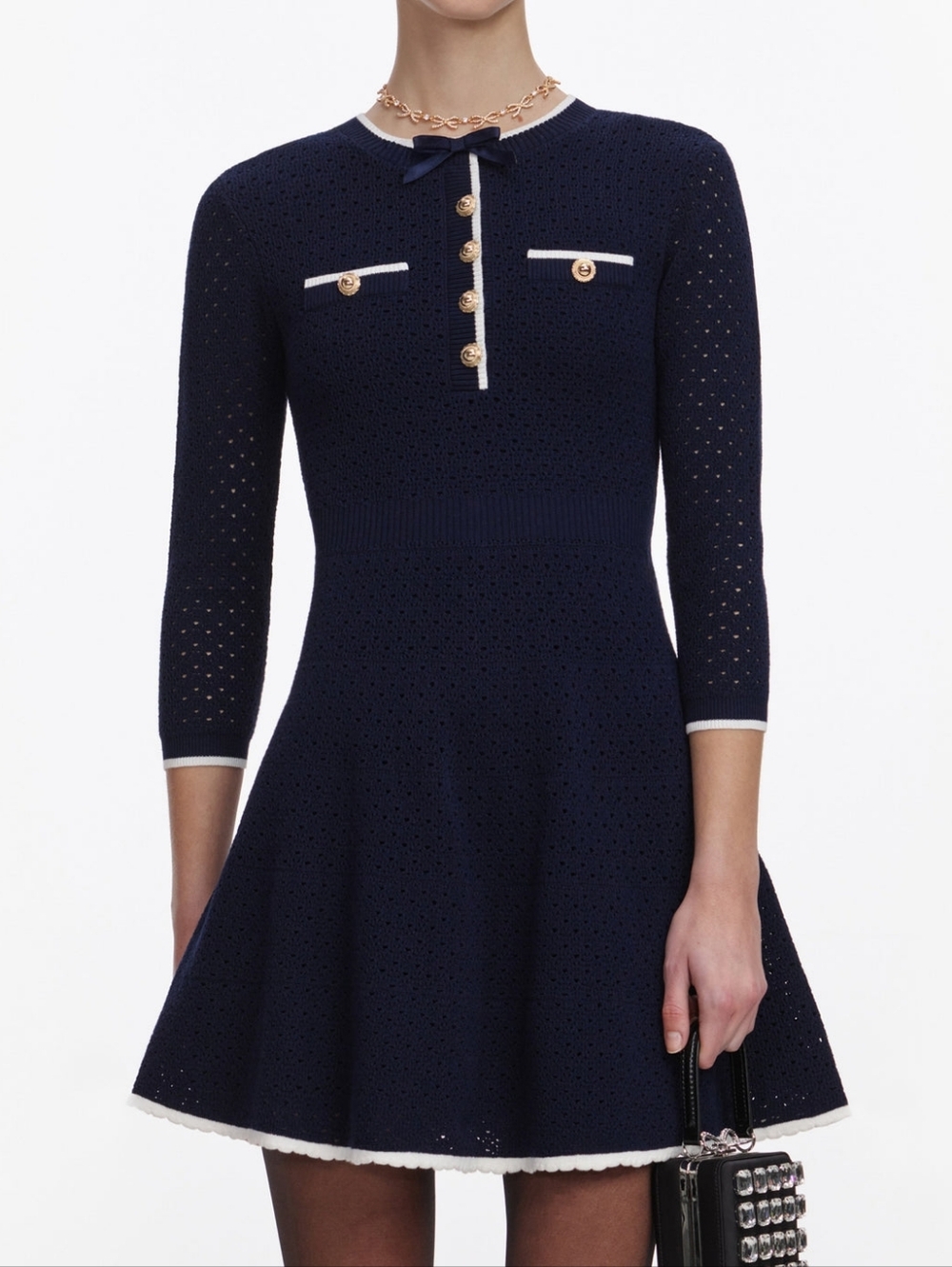 Self Portriat Navy Bow Knit Mini Dress - Picture 4 of 13